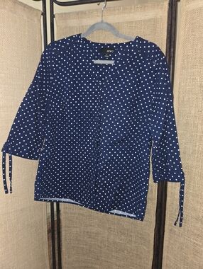 Erika Navy and White Polka Dot Tie-Cuff Blouse Women's Medium